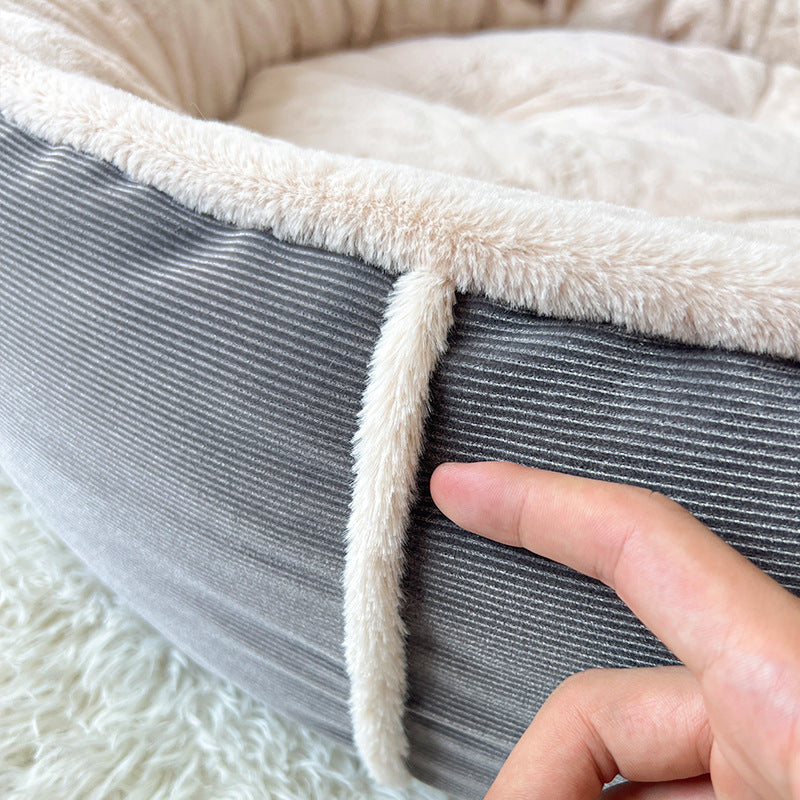 Round plush and corduroy pet bed for dogs and cats, photo 1 of 20