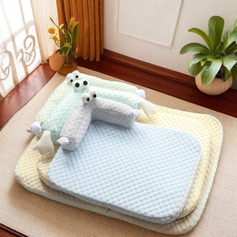 Cooling ice bean dog bed in sea blue with big eyes design