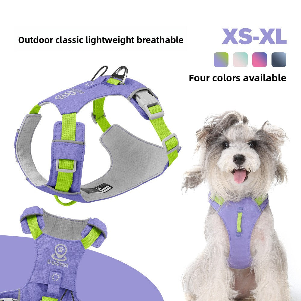 Quick-dry reflective polyester mesh dog harness in purple, product image 1