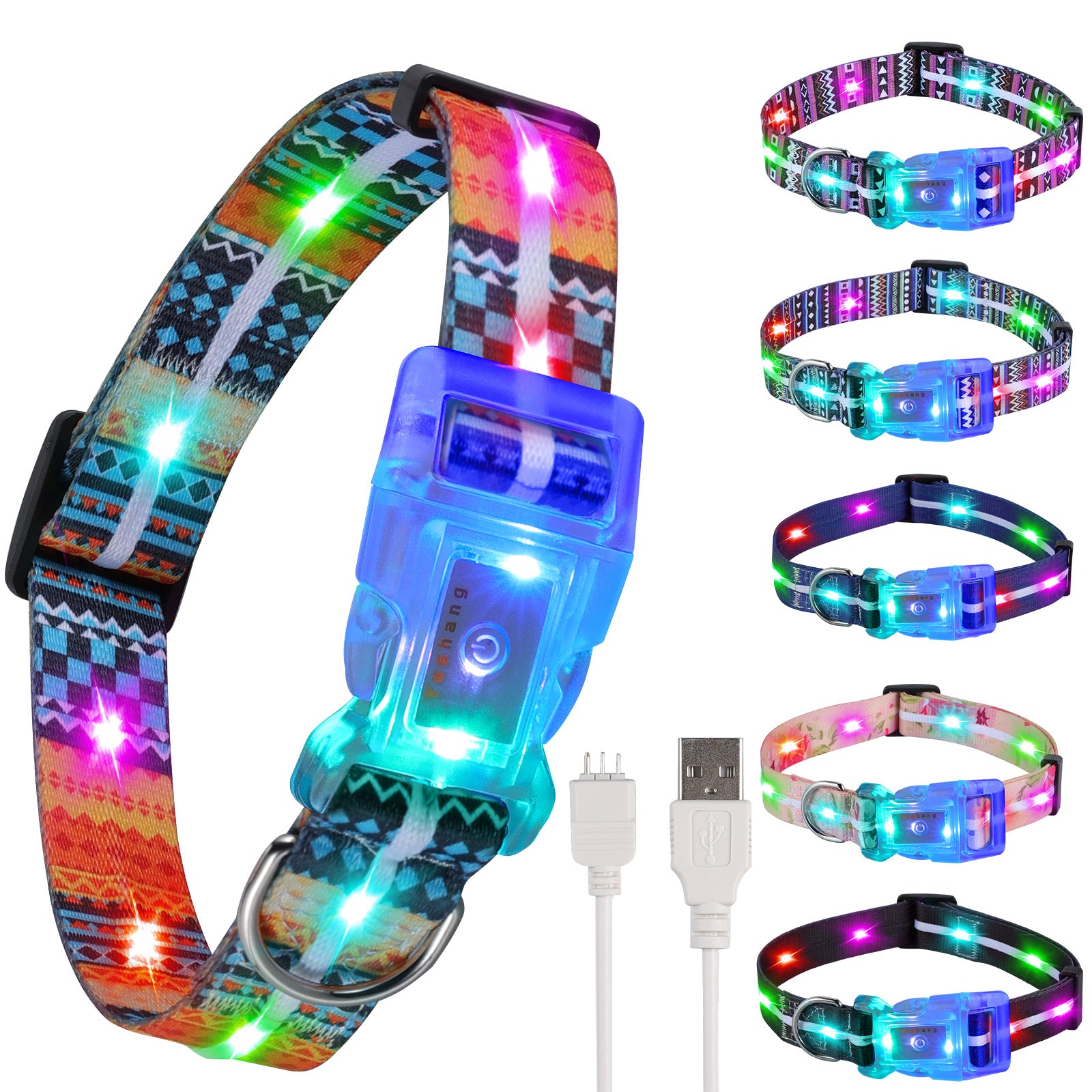 Striped light up dog collars in blue and black designs