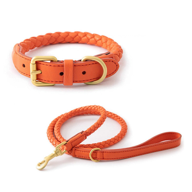 Plaited dog collar sets in amber orange, woad blue and grey