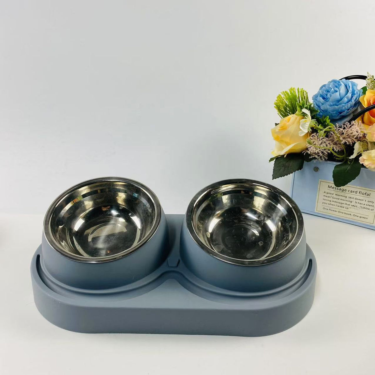 Slanted Double Pet Food and Water Bowl in Stainless Steel or Ceramic, Cat and Dog Designs