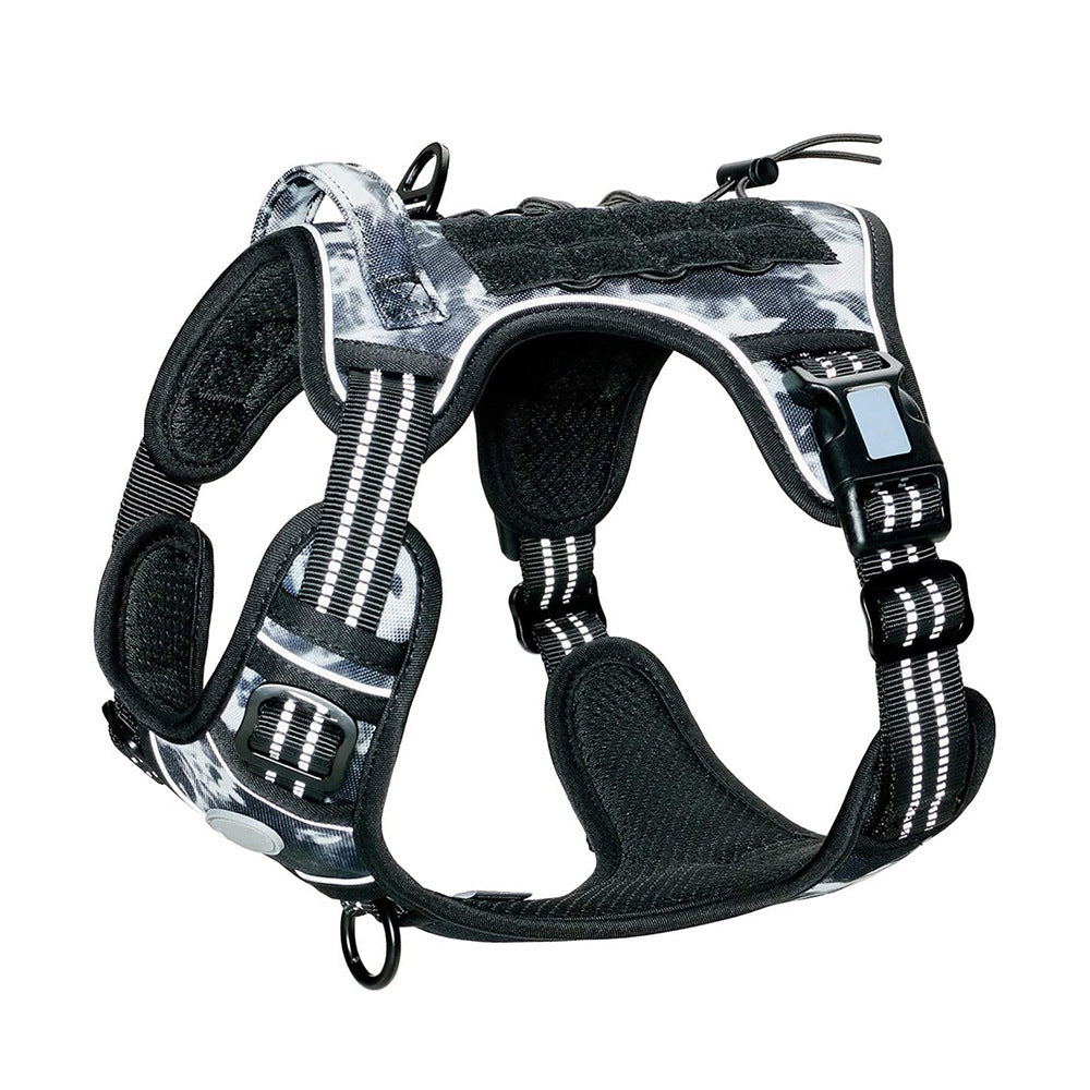 Tactical nylon dog harness with metal buckles in desert camo, view 18