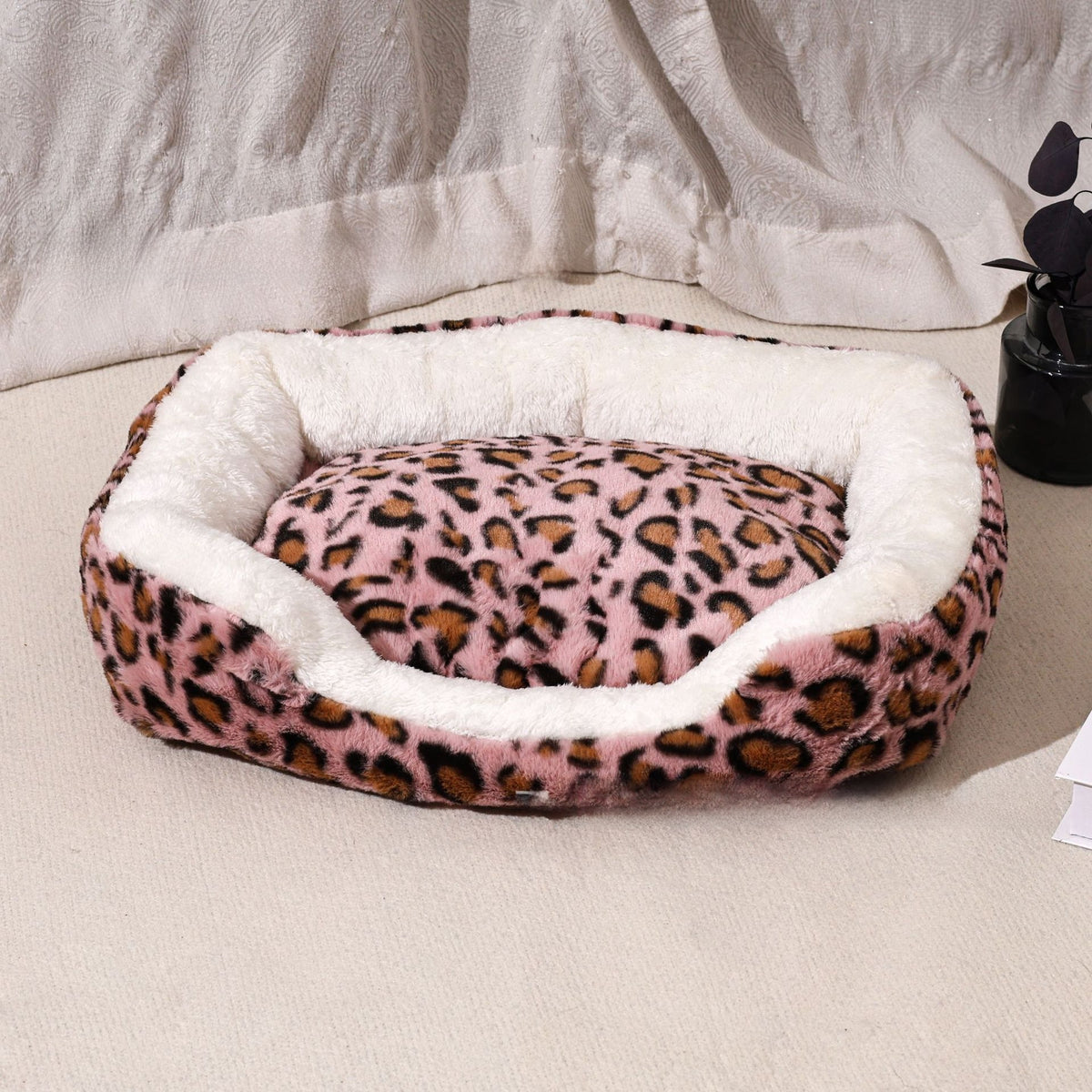 Brown leopard print plush pet sofa bed with removable pad, view 12