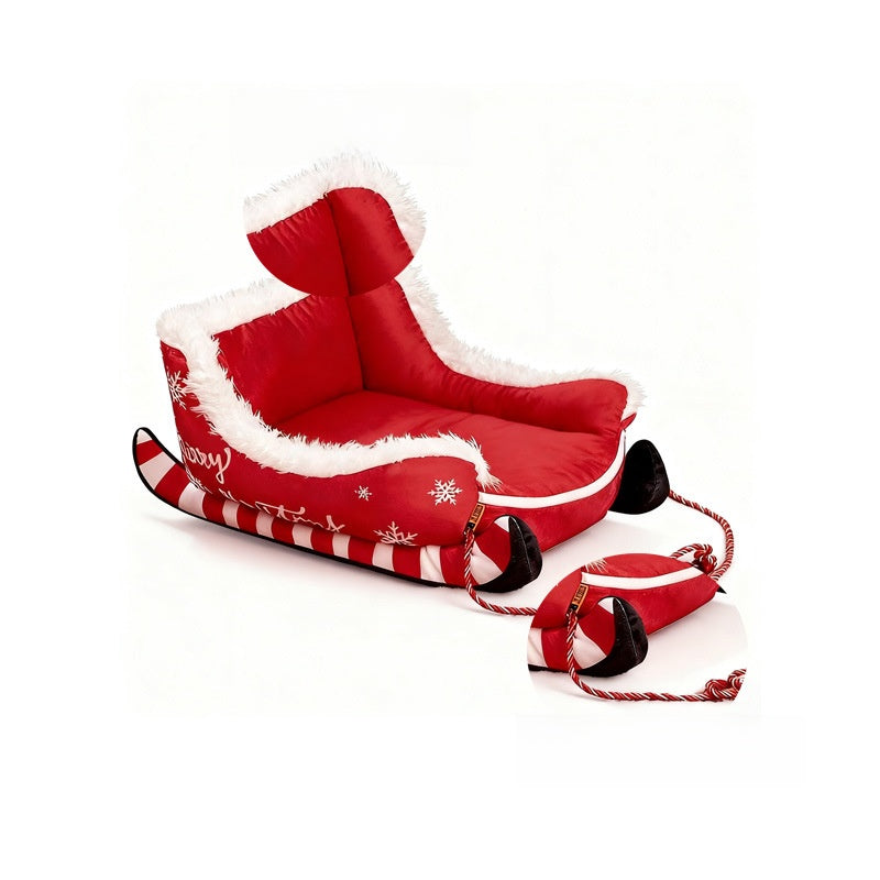 Red Christmas sleigh pet bed for cats and small dogs, view 1