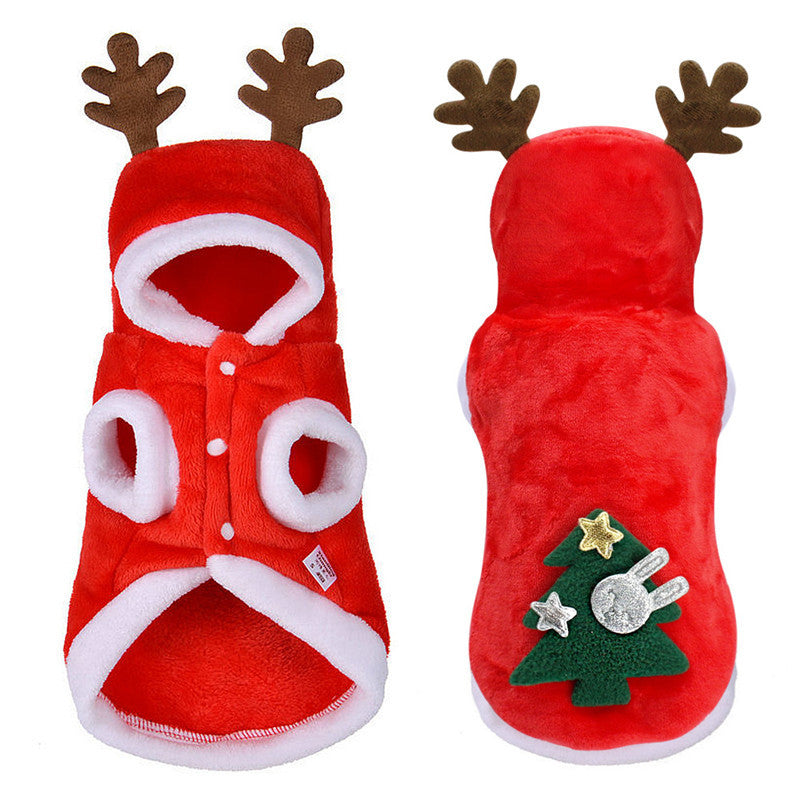 Christmas coral fleece dog outfit with reindeer design in Red, close-up detail