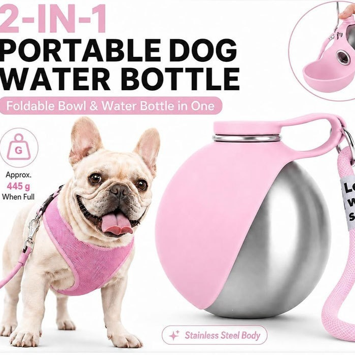 Pink foldable pet water bottle with built in bowl, view 1