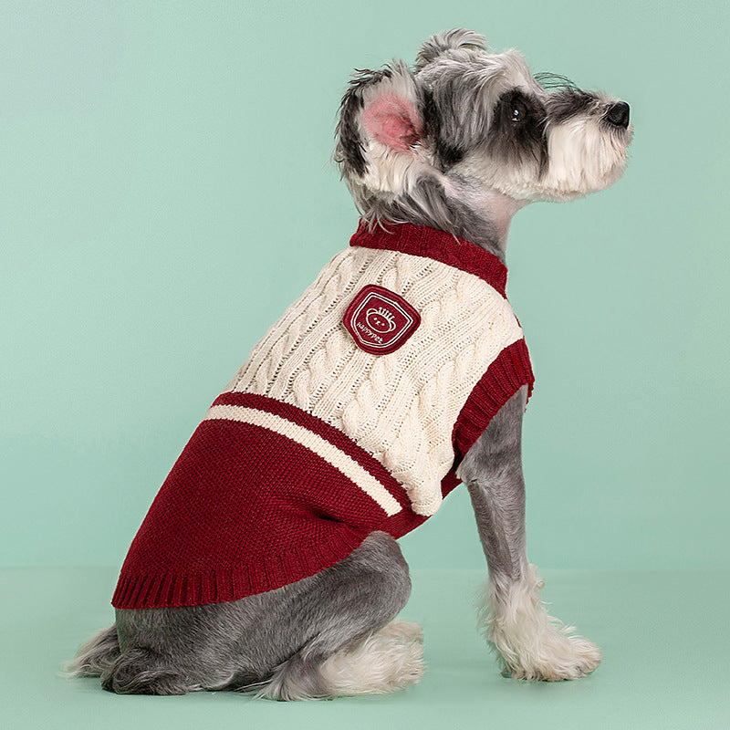Knitted preppy V-neck pet jumper vest in Student Red, showing size and shape
