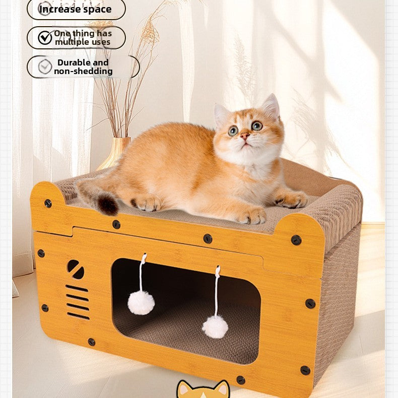 Corrugated cardboard cat scratcher house and den, alternative angle view
