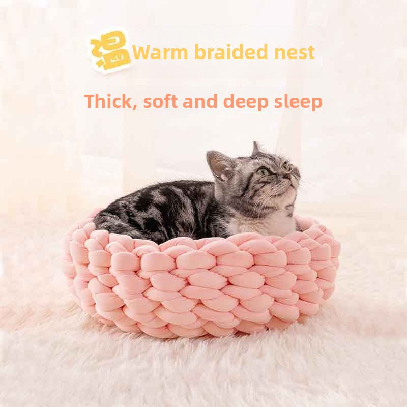 Soft velvet hand-woven round knot pet bed in Deep Red, size 30cm