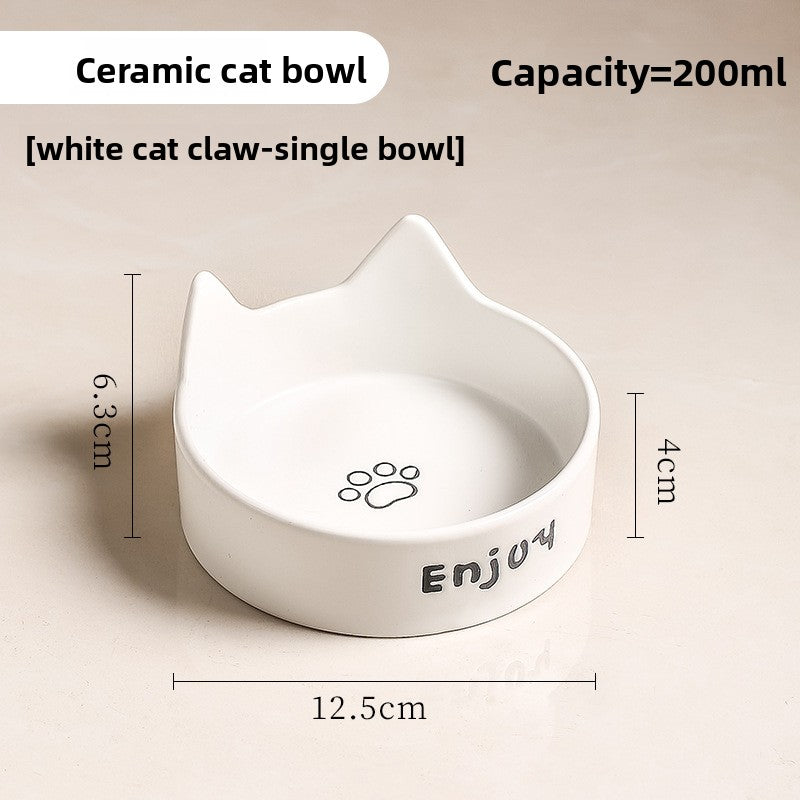 Anti-Spill Ceramic Pet Bowl with Wooden Stand and Cat Ear, Paw or Fish Bone Design