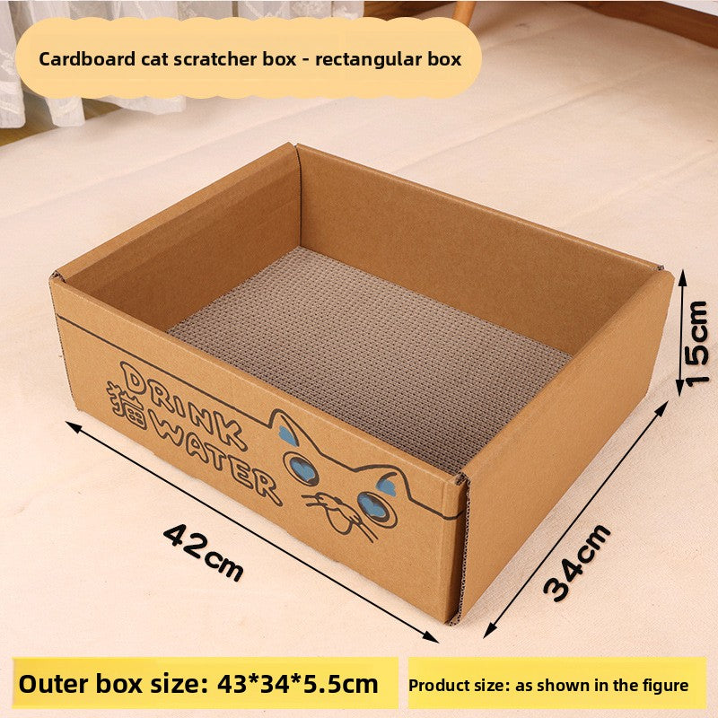 Cardboard cat house with built-in scratching board, further angle view