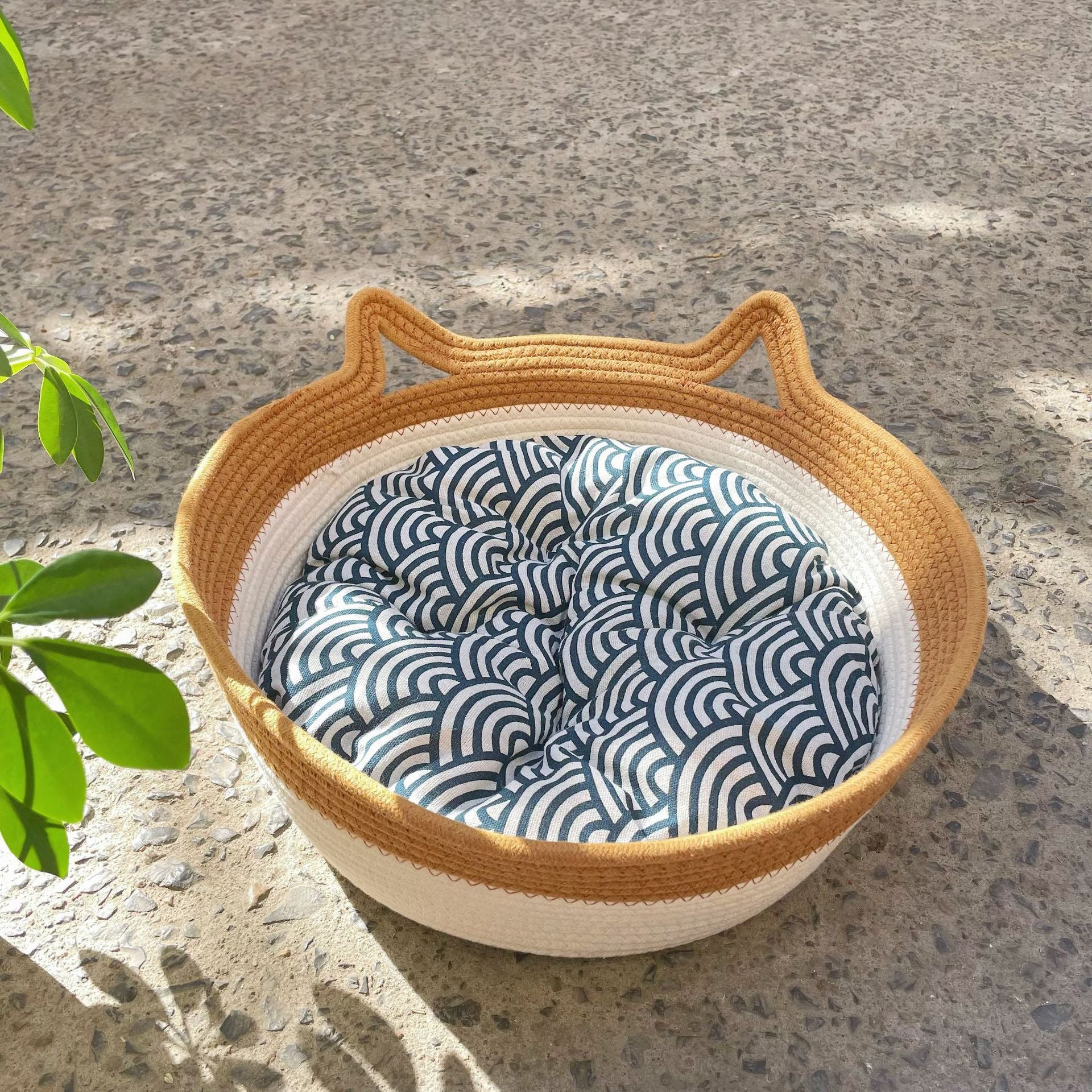 Woven rattan cat bed with cat ears and toy ball, view 54