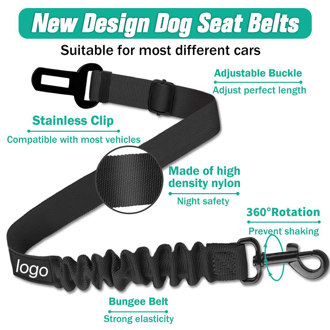 Colourful nylon car restraint leads for dogs shown in nine colours