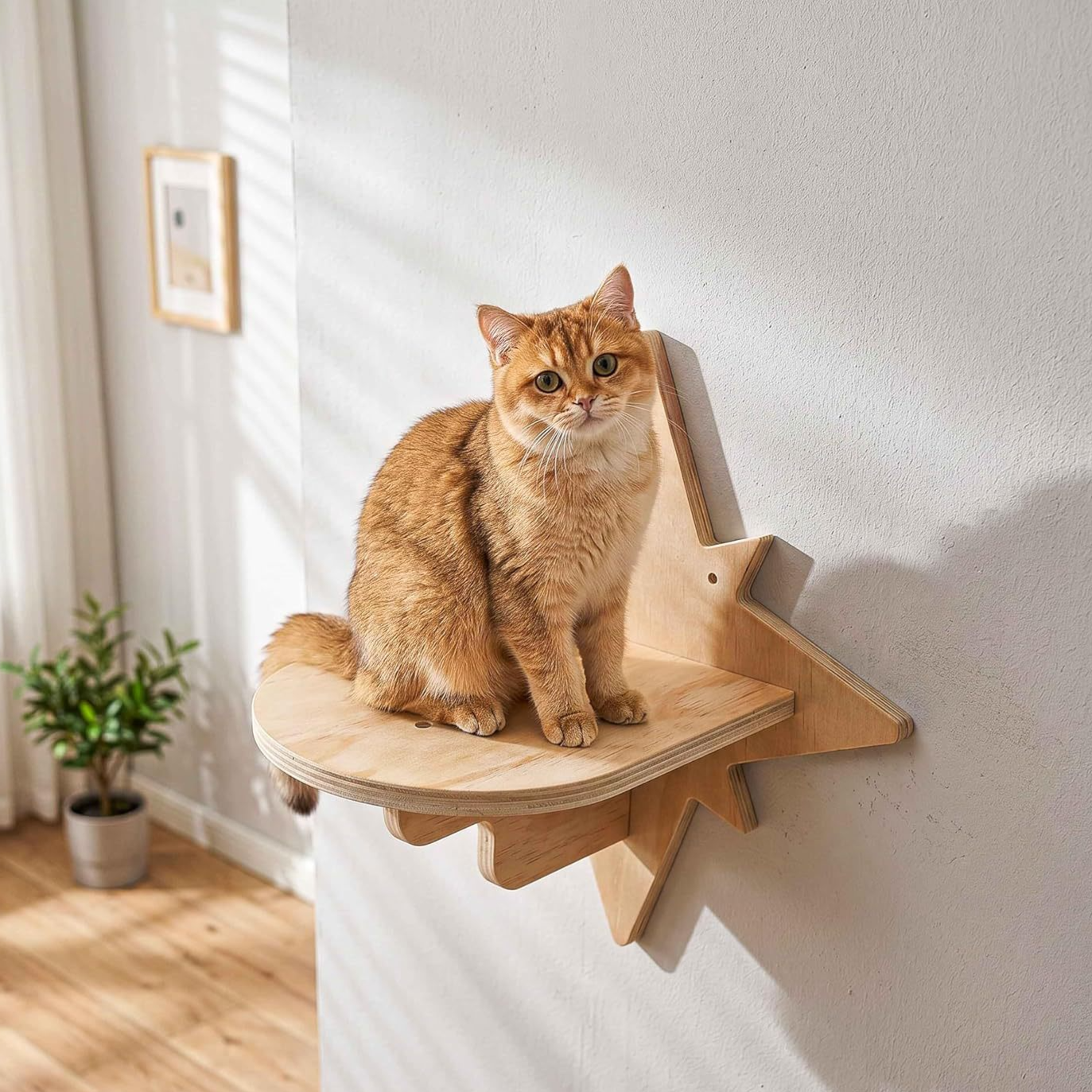 Wooden wall-mounted cat climbing frame with steps, close-up detail view