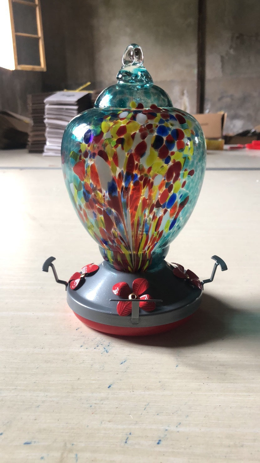 Hand-Painted Glass Hummingbird Feeder with Ant-Proof Hook, Metal Hanger and Cleaning Brush