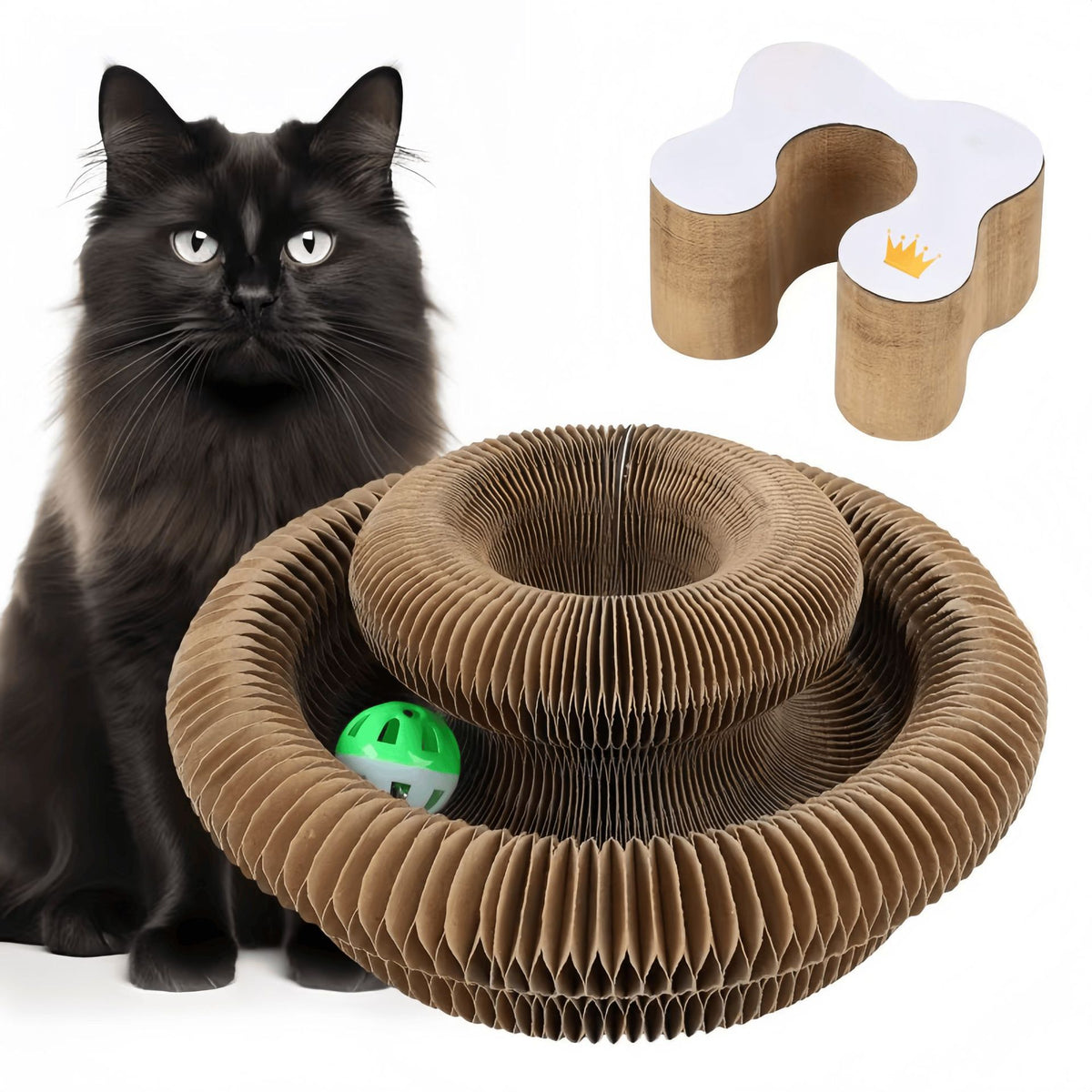 Foldable accordion cat scratcher with bell toy, further angle view