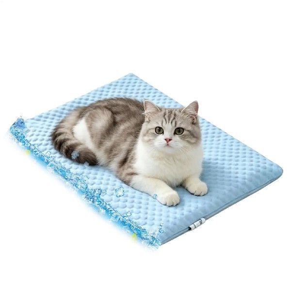 Washable ice silk pet cooling mat with a cat lying on it, view 2