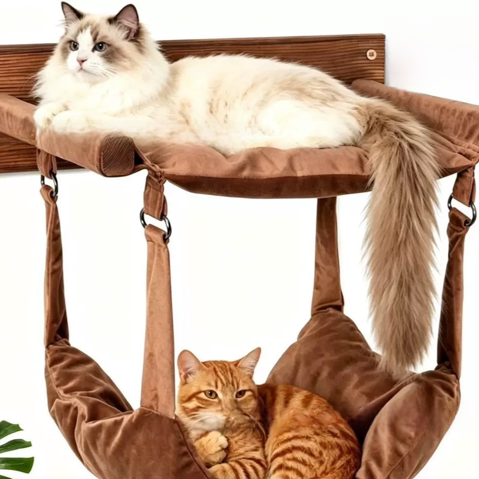 White cat wall shelves with hammock and nest