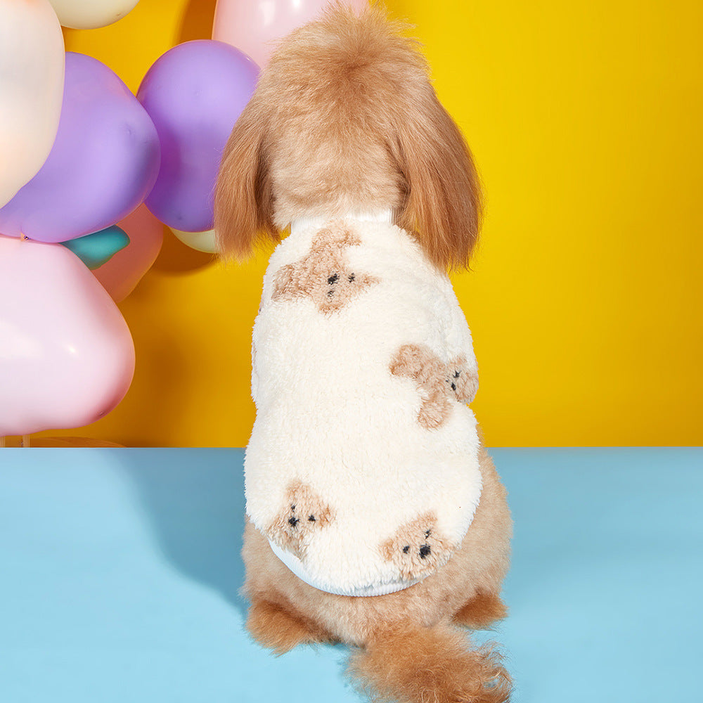 Plush bear print dog jumper for autumn and winter, in a home setting