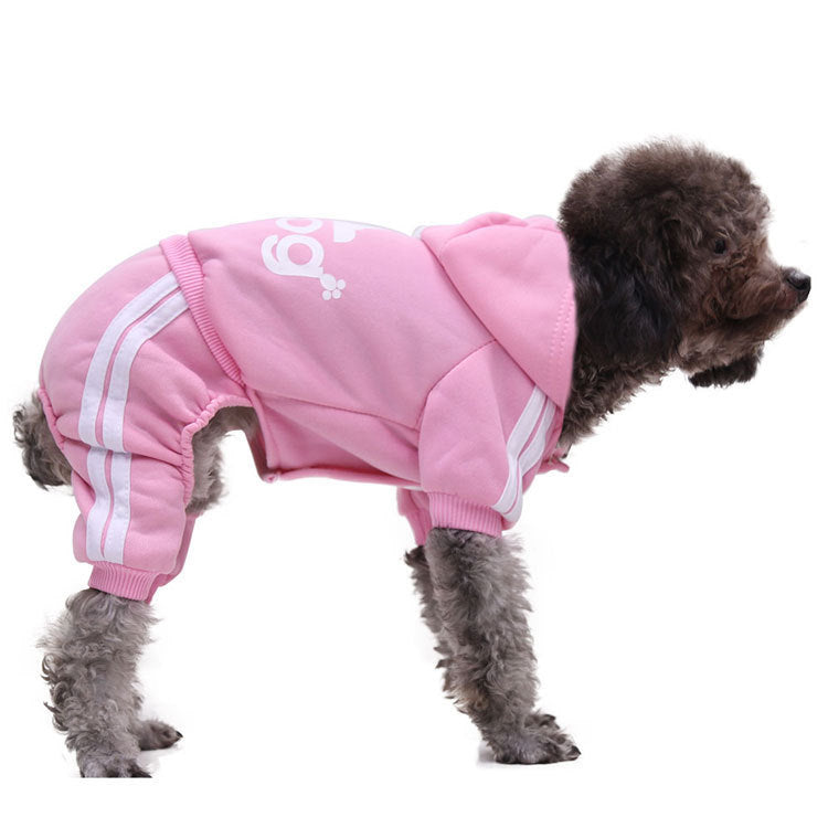 Fleece four-leg dog jumpsuit with button front in Pink, front view