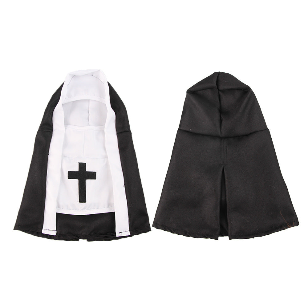 Small dog wearing a funny nun costume T-shirt