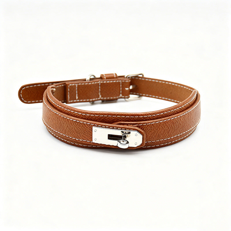 PU leather dog collar and lead in apricot with bag holder