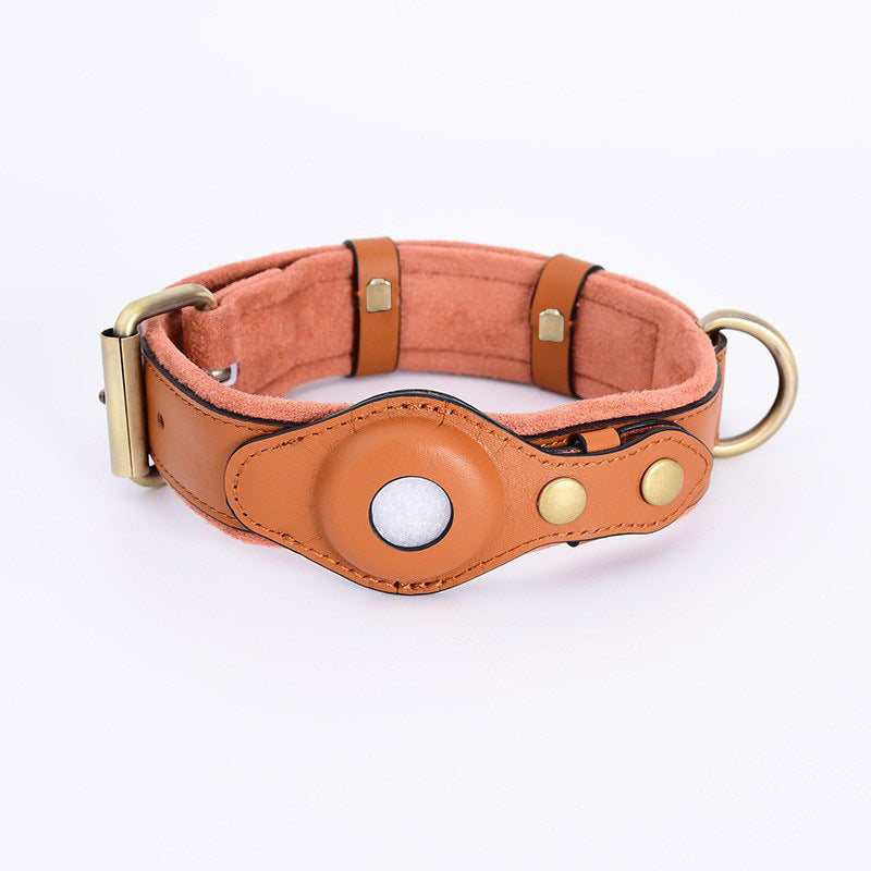 Suede finish dog collar with tracker tag holder in brown