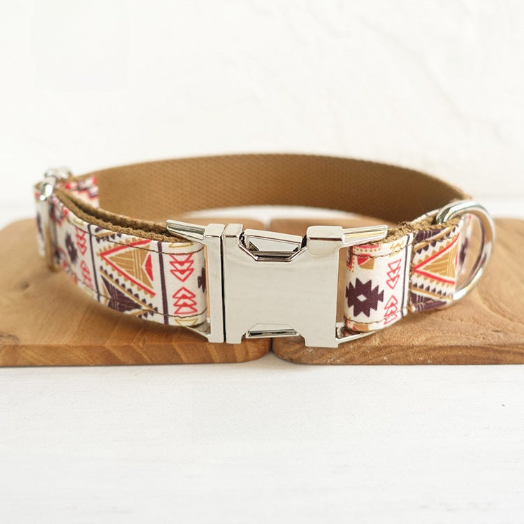 Brown floral pattern polyester dog collar with buckle and D ring