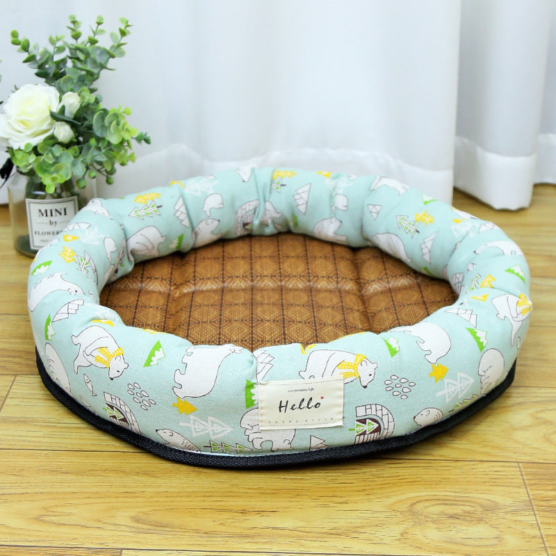 Round straw mat cooling pet nest with cat print, product image 12