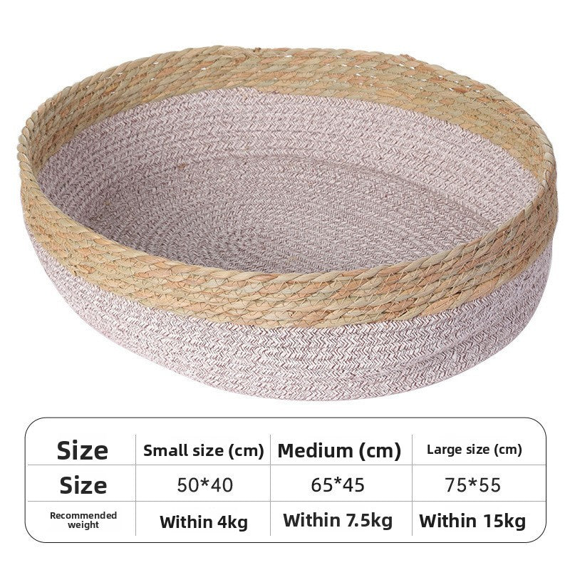 Hand woven round cotton and linen pet nest in grey, view 7