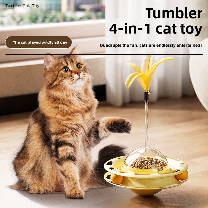 Self-Spinning Cat Turntable Toy with Feather Attachments and Weighted Tumbler Base