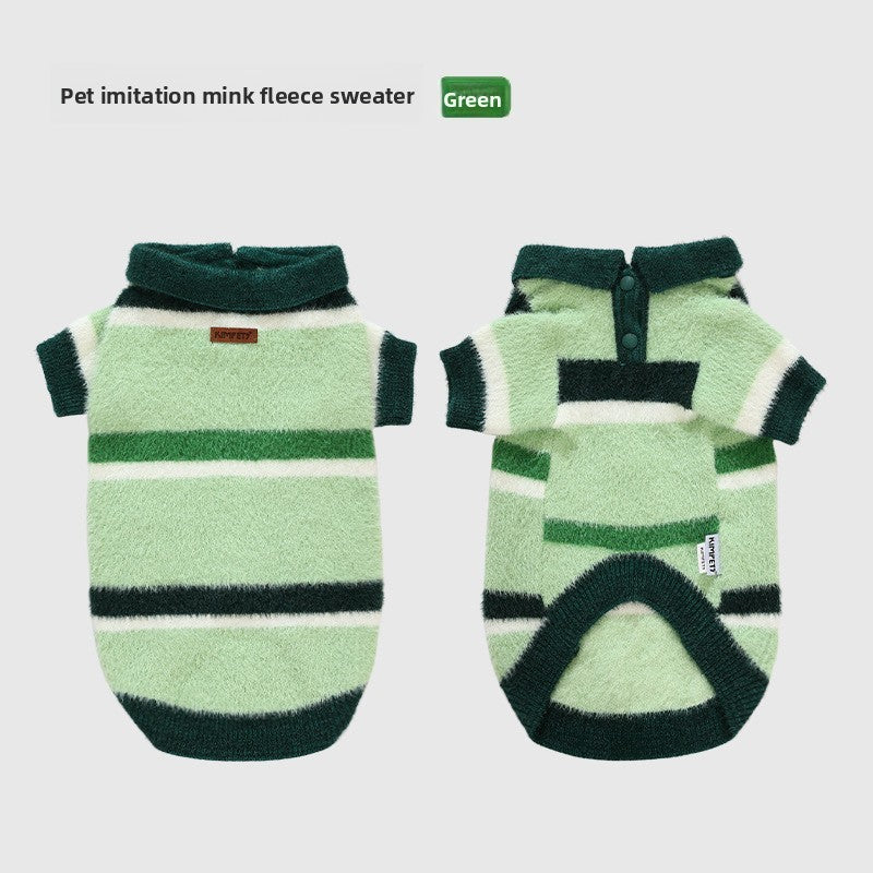 Faux mink velvet polo jumper for dogs and cats in Green Stripe Jumper, close-up detail
