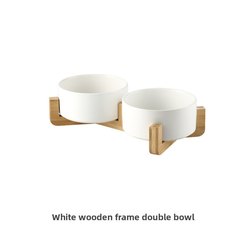 Green double ceramic pet bowl set with wooden stand