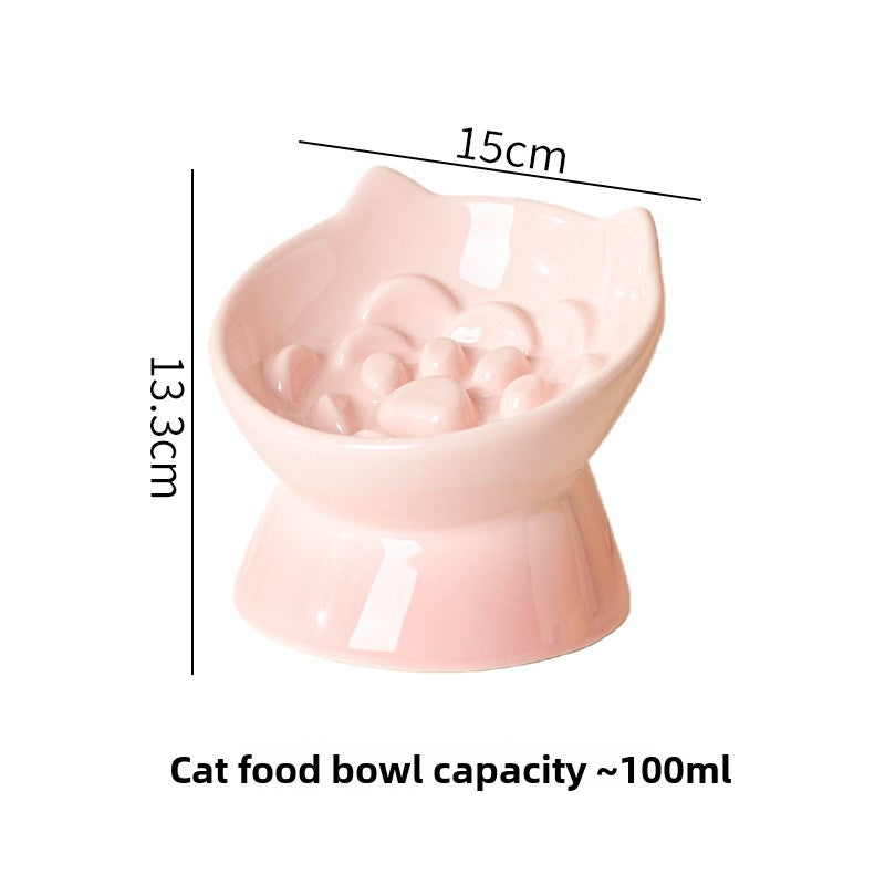 Ceramic High-Foot Cat Bowl with Slanted Rim, Slow-Feeding Feature and Ear Handles