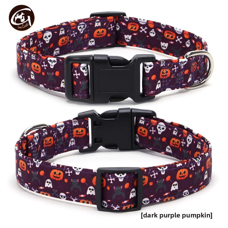 Halloween fabric dog collar with pumpkin print in Orange Pumpkin, close-up detail