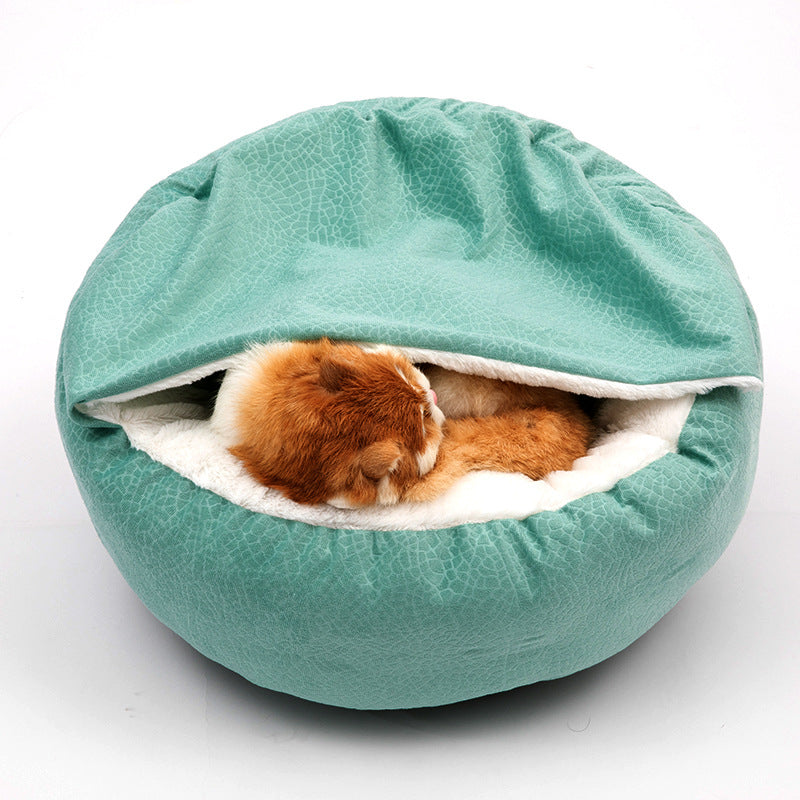 Shell shaped plush cat bed with soft washable cover, view 4 of 15