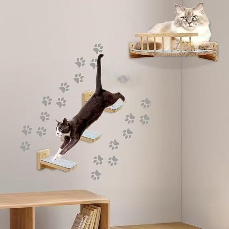 Wall-mounted pine cat climbing shelves with bed, photo 1 of 8