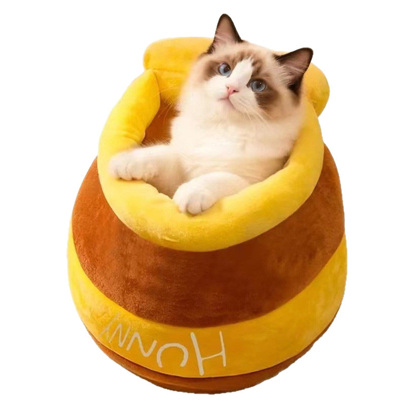 Honey jar shaped yellow flannel cat bed, product image 4