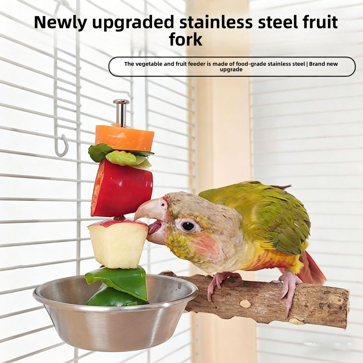 Stainless steel bird feeder with fruit fork and vegetable hook, view 1