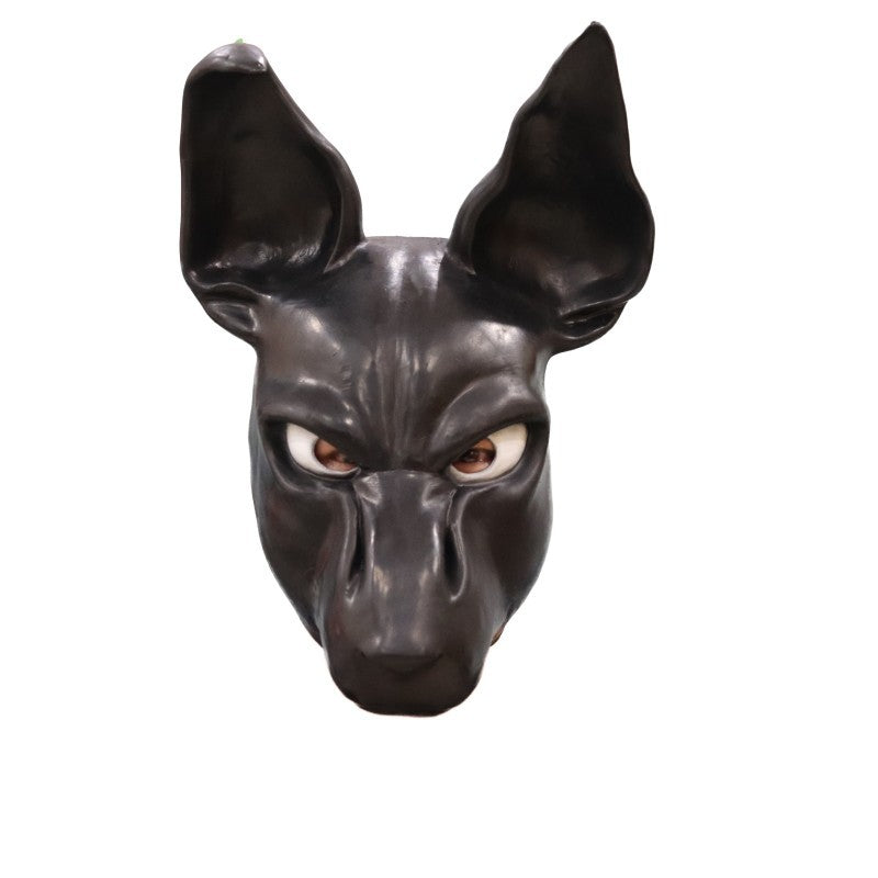 Latex dinosaur skull Halloween mask with movable teeth on a dog, view 14