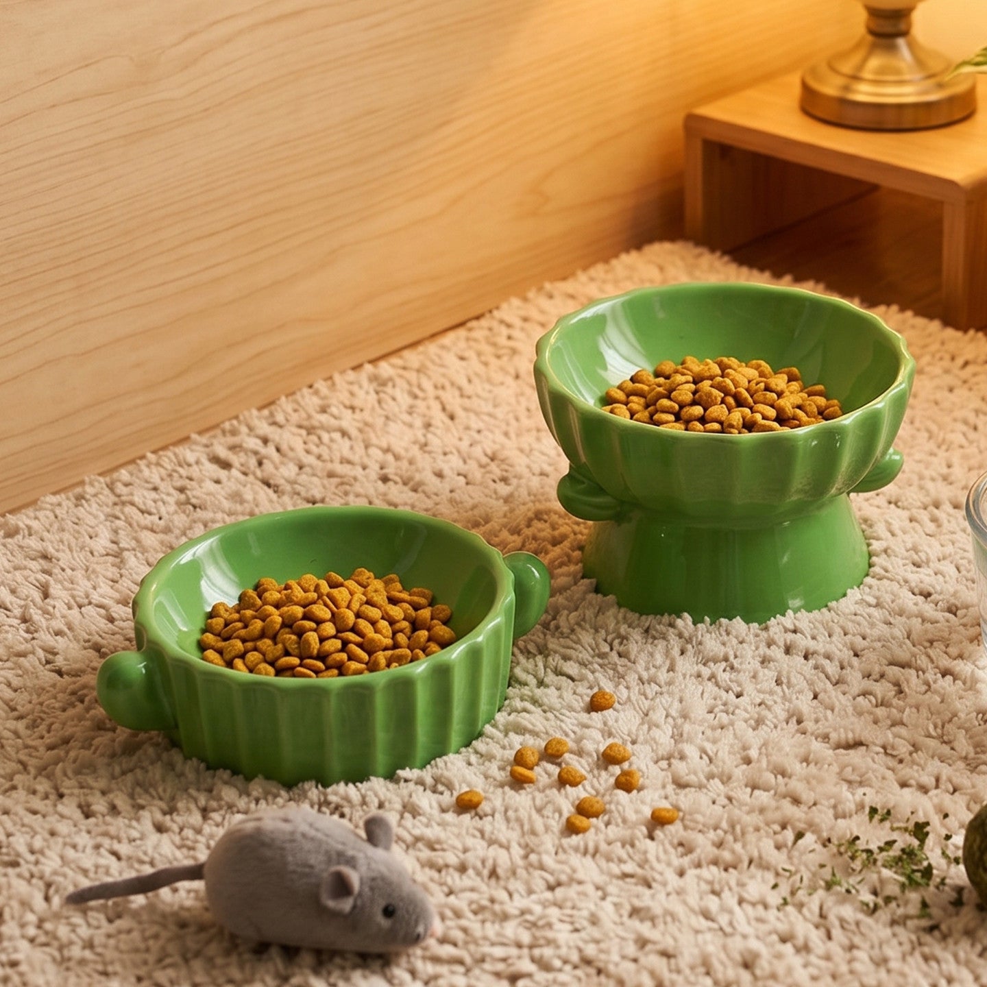 Ceramic Elevated Pet Bowl with Anti-Spill Slanted Opening and Double Ears in Cute Designs