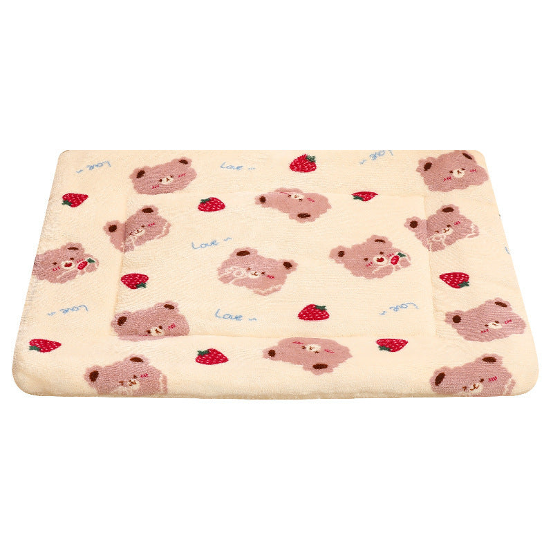 Beige bear print flannel bed pad for cats