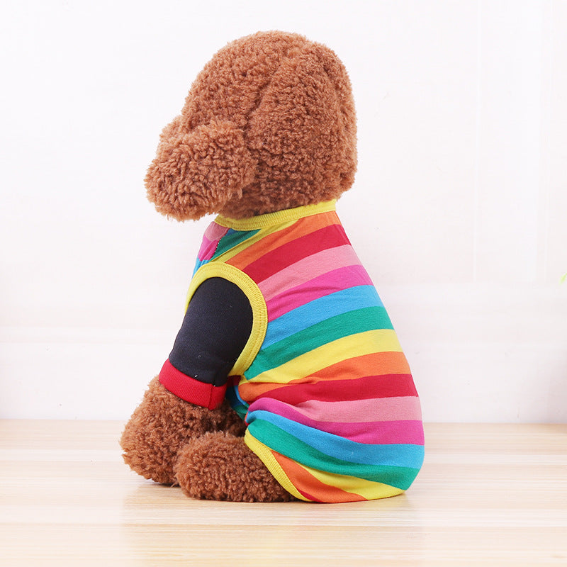 Rainbow striped cotton pet vest for small pets in Rainbow, close-up detail