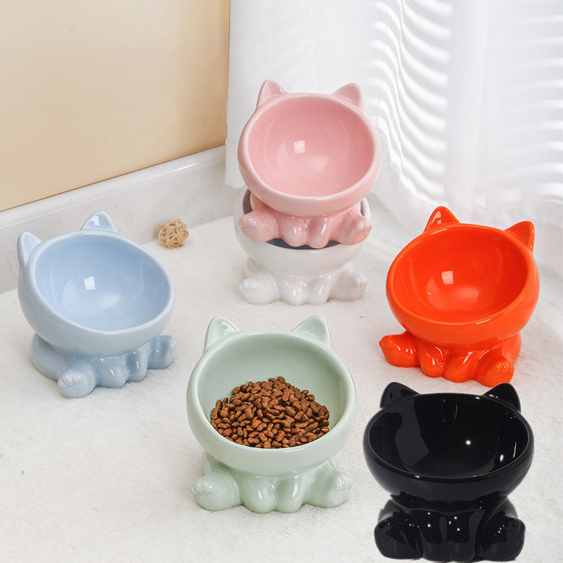 Ceramic Cat Bowl with Angled Mouth and Reaching Hand Designs, Easy-Clean Pet Food Dish