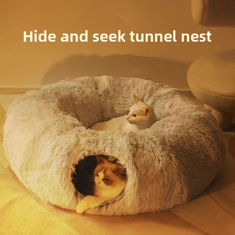 Grey plush cat tunnel bed with cosy nest end