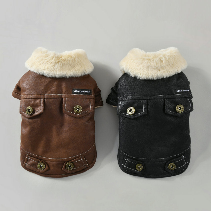 Thick flannel dog jacket with faux fur collar in Brown, front view
