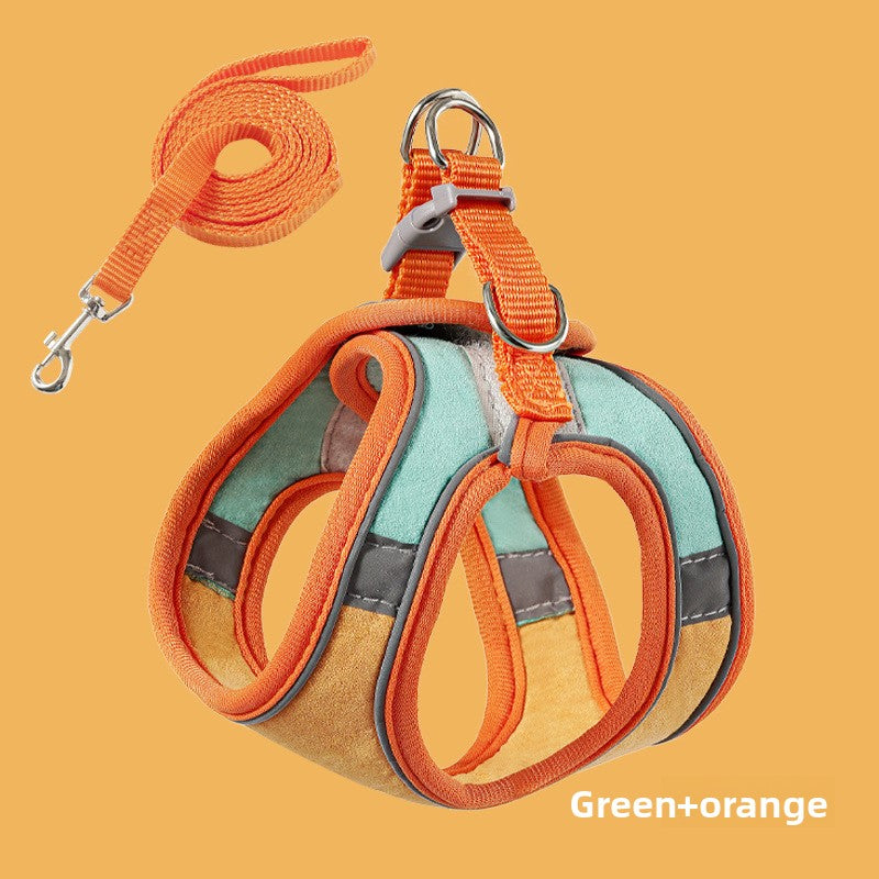 Two tone cat vest harness and lead in green and orange