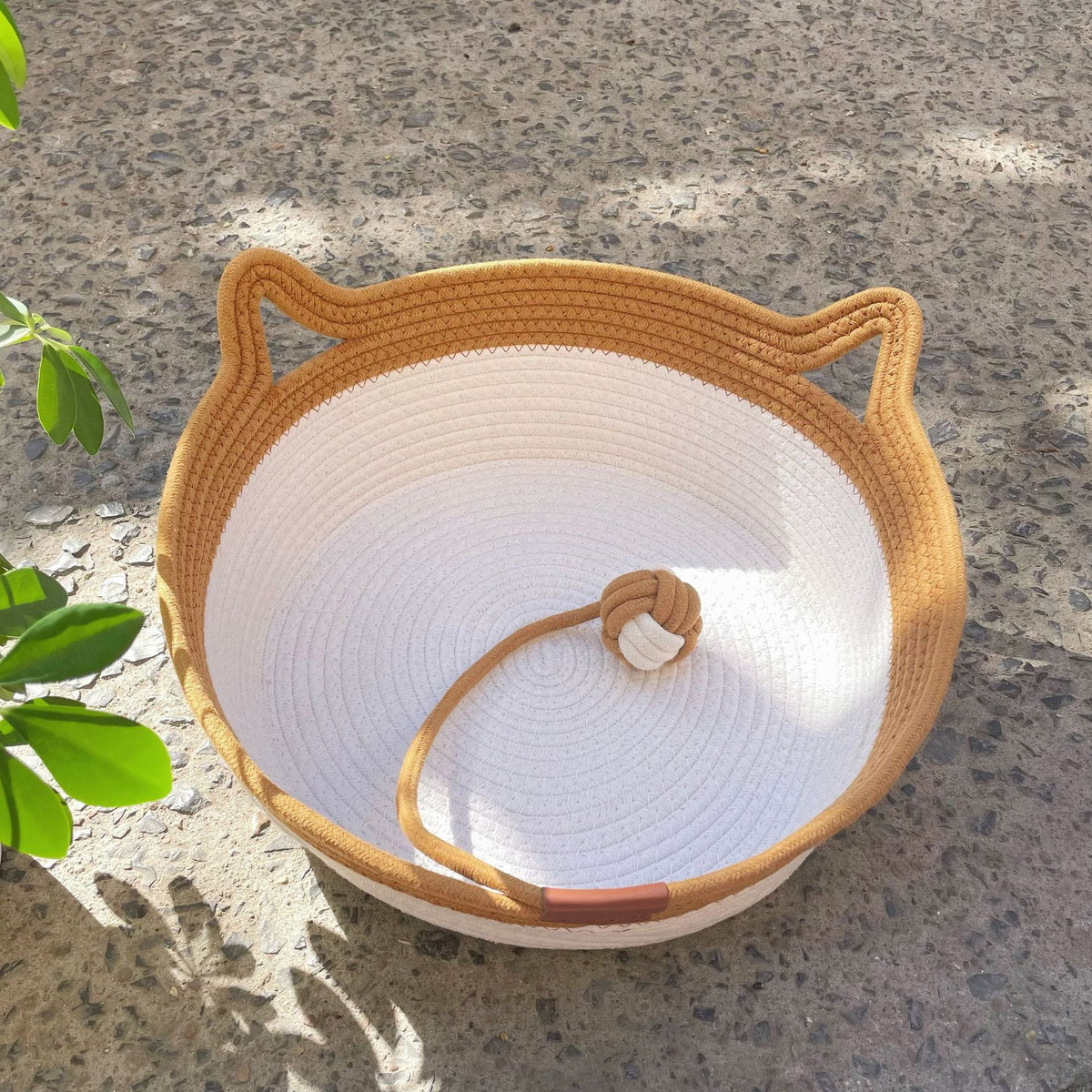Small woven rattan cat nest in macaron blue with ball, view 9