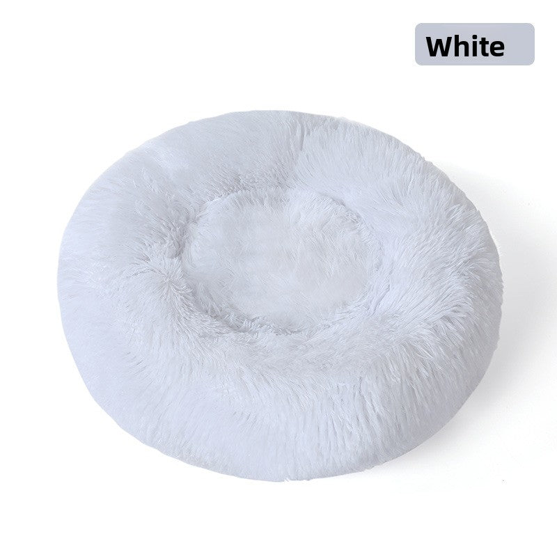 Plush round padded dog and cat bed in White